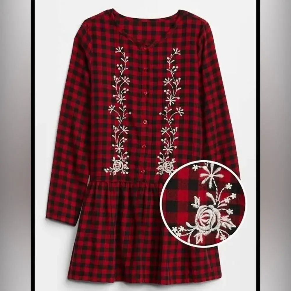Gap Embroidered red Christmas Plaid button up ruffle shirt Dress girls XL